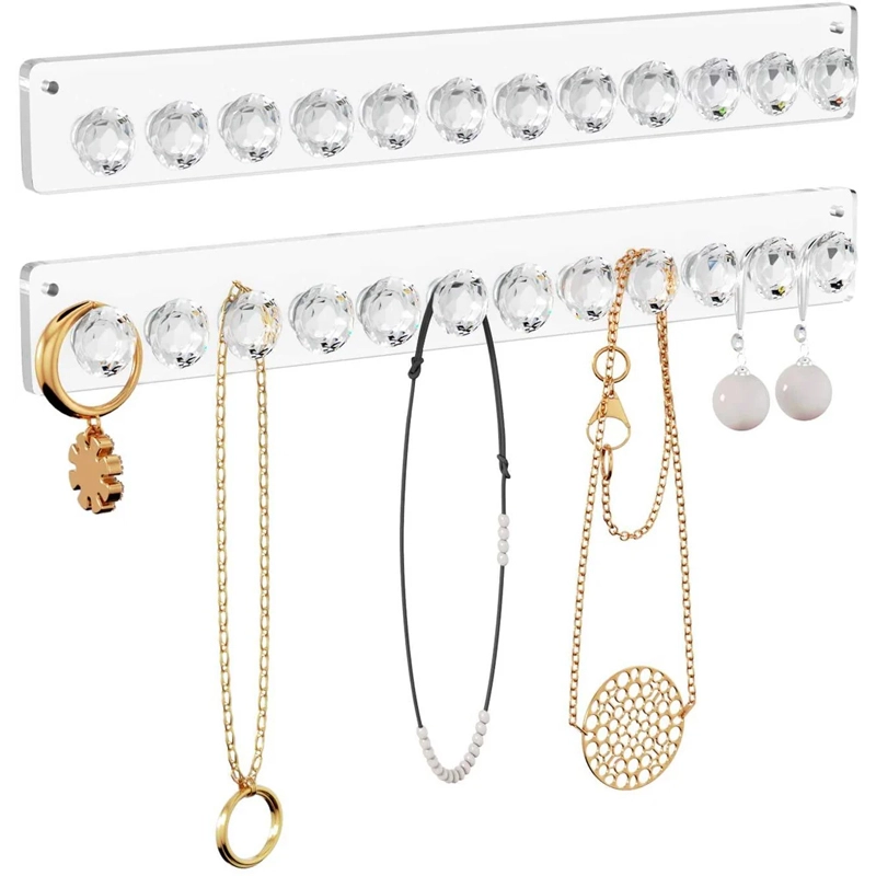 Acrylic Necklace Holder Wall Mounted Jewelry Organizer with 12 Diamond Shape Hooks